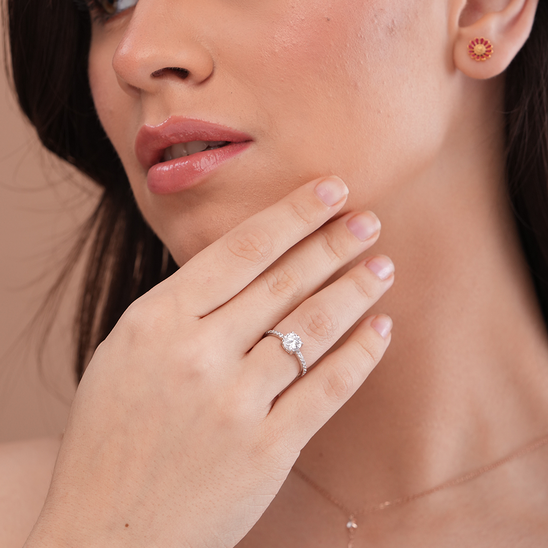 Solitaire Diamond Ring with Pavé Band