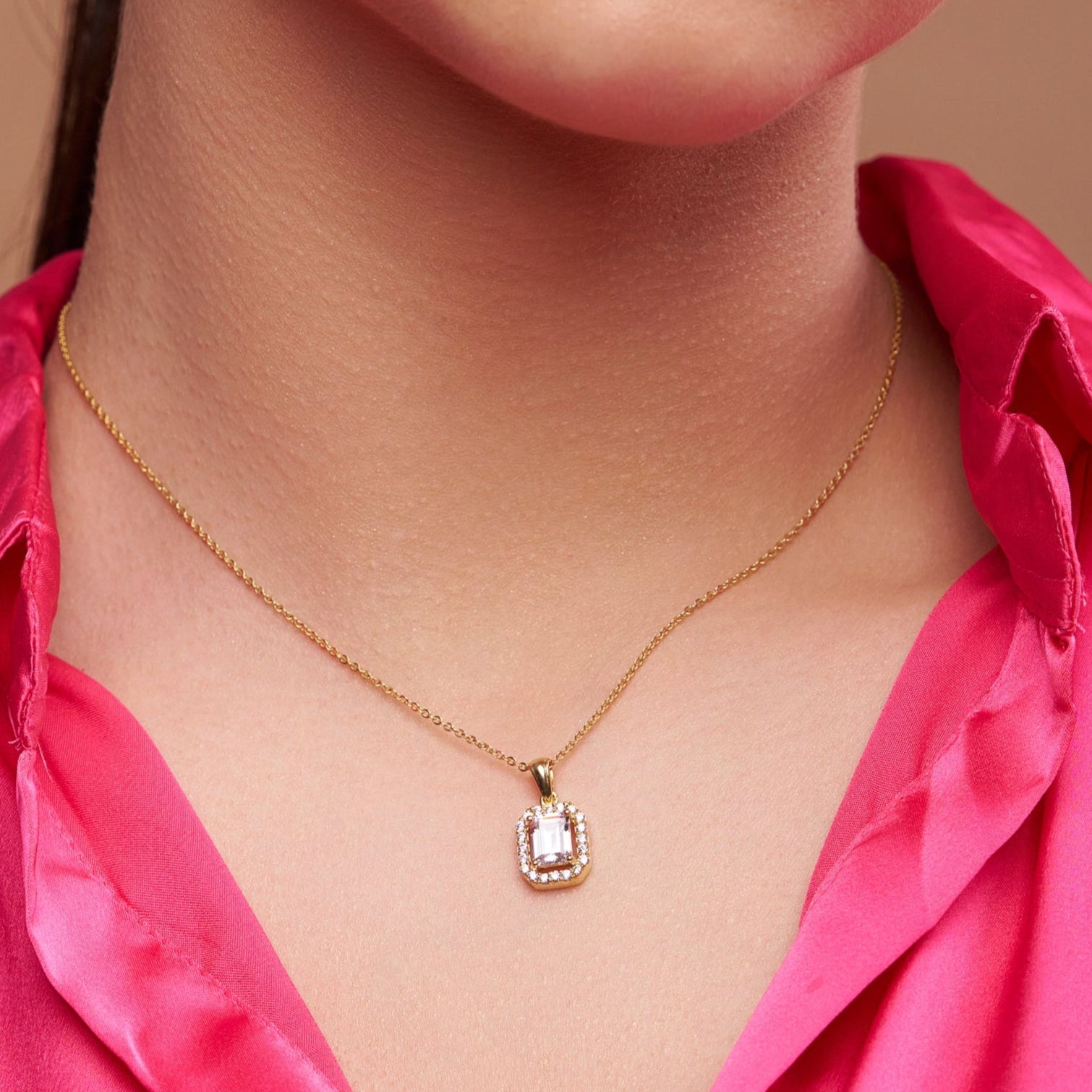 Emerald Cut Diamond Halo Pendant - KYMEE