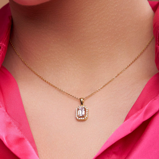 Emerald Cut Diamond Halo Pendant - KYMEE