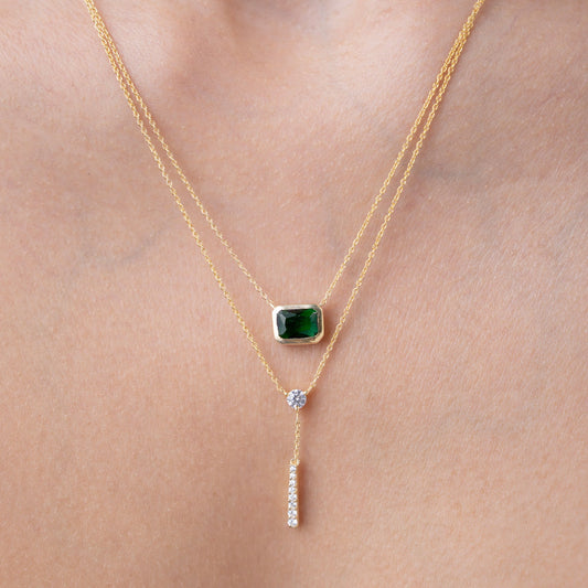 Emerald Bezel Lariat Layered Necklace Set