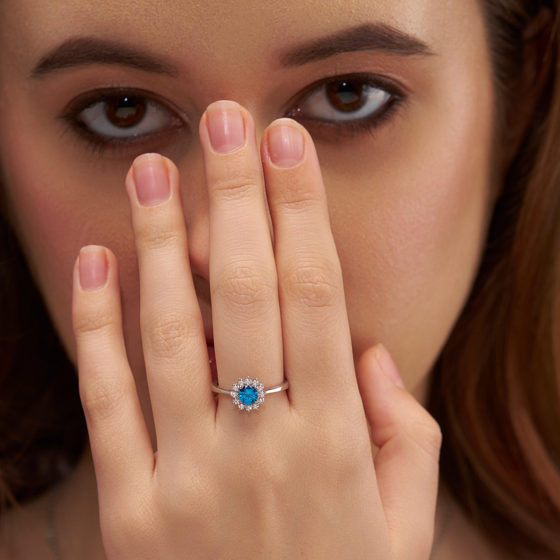 Luxurious Blue Diamond Halo Ring - KYMEE