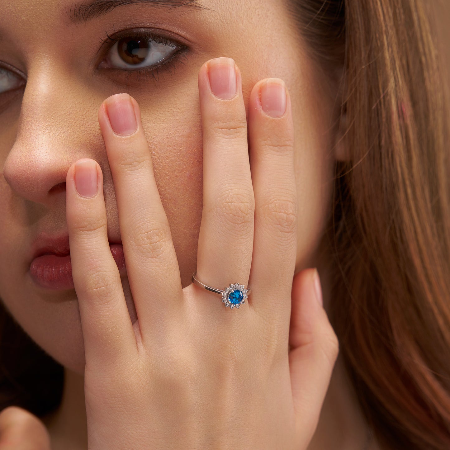 Luxurious Blue Diamond Halo Ring - KYMEE