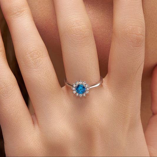 Luxurious Blue Diamond Halo Ring - KYMEE