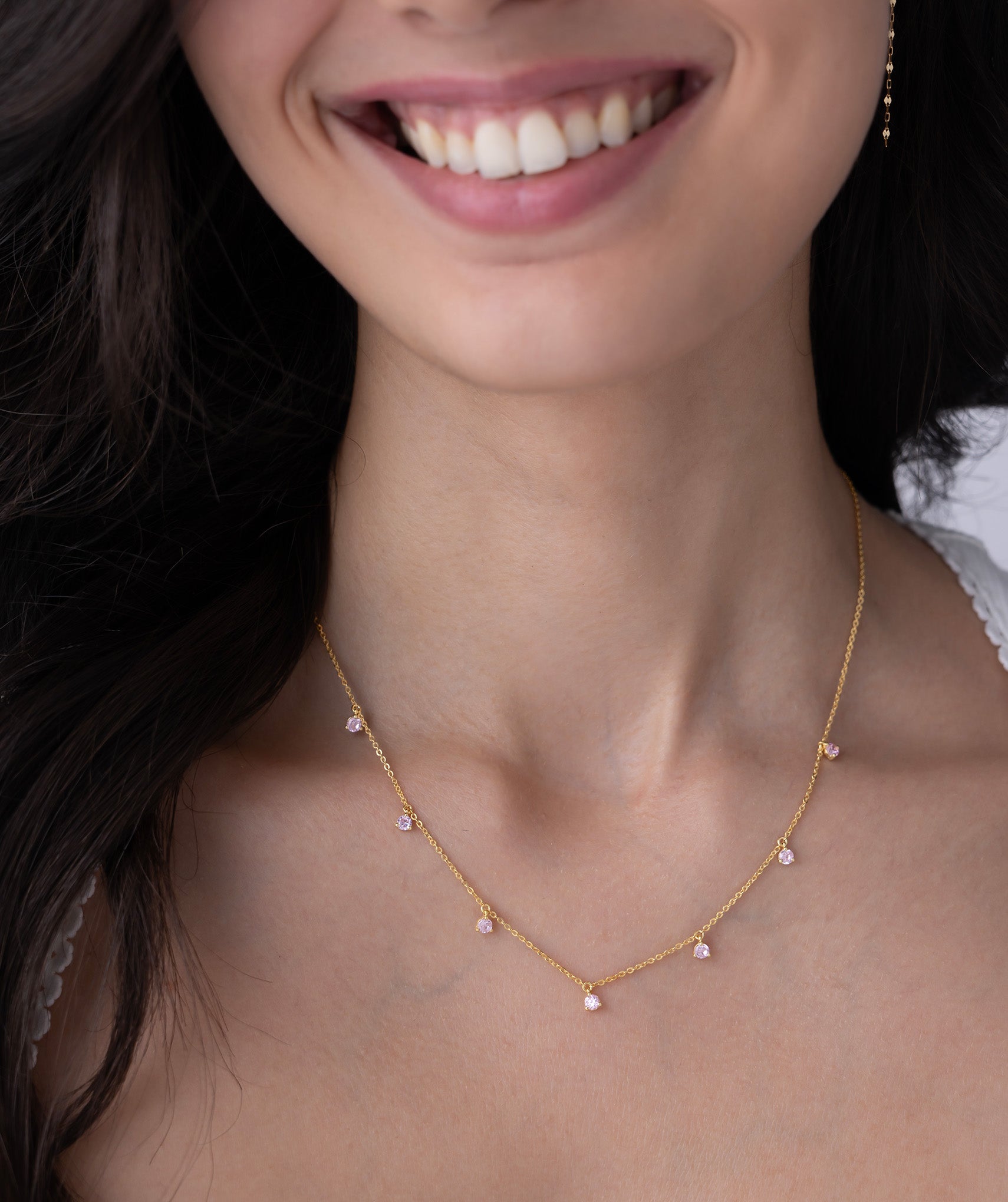 Pink Round Stone Station Necklace