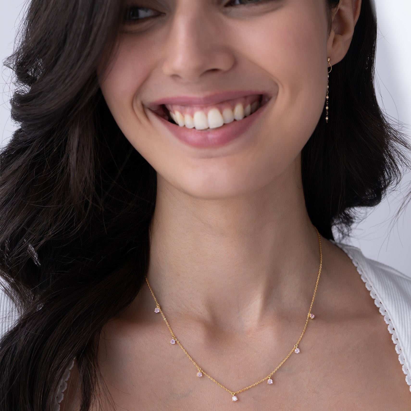 Pink Round Stone Station Necklace