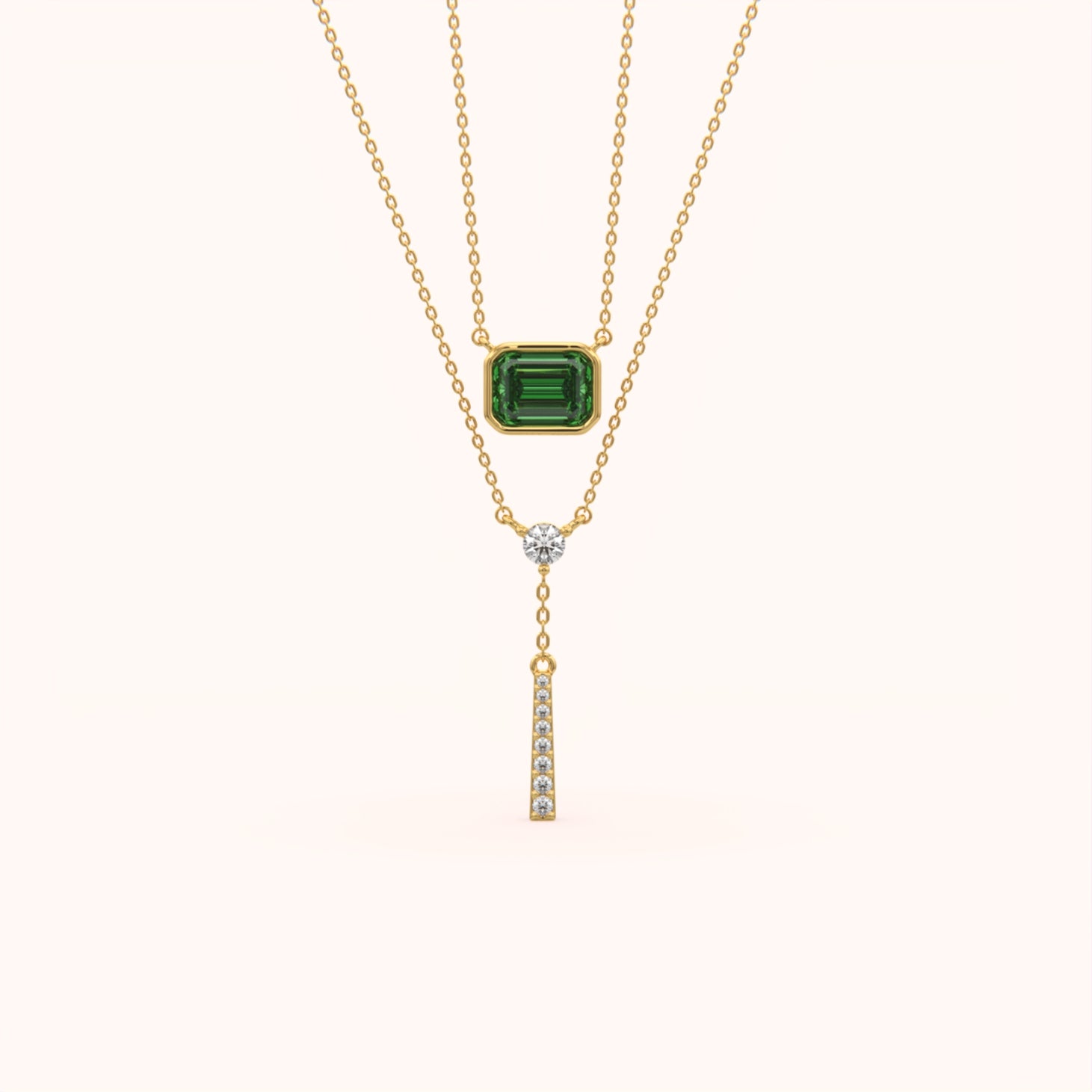 Emerald bezel lariat layered necklace set