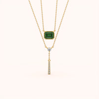 Emerald Bezel Lariat Layered Necklace Set