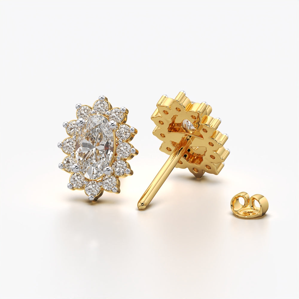 White oval halo stud earrings with cubic zirconia and moissanite