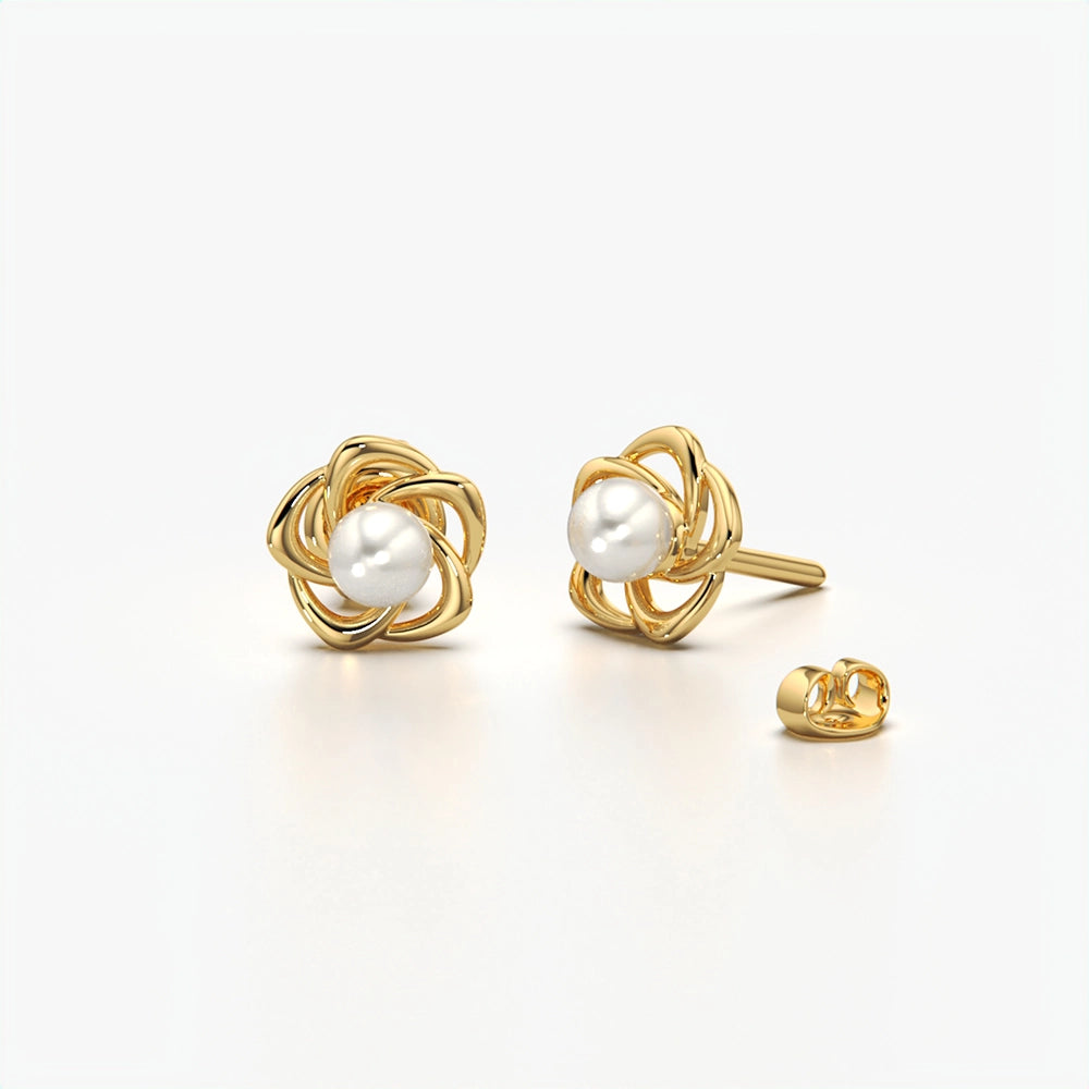 Sculpted Rose Pearl Stud Earrings