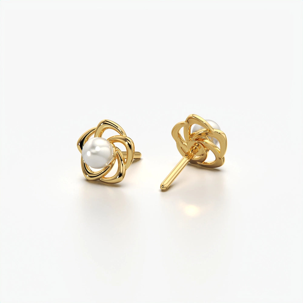 Sculpted Rose Pearl Stud Earrings