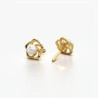 Sculpted Rose Pearl Stud Earrings