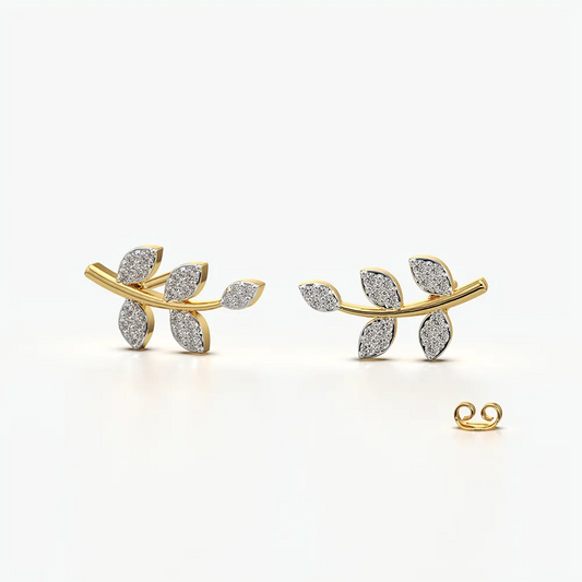 Pave Leaf Branch Climber Stud Earrings