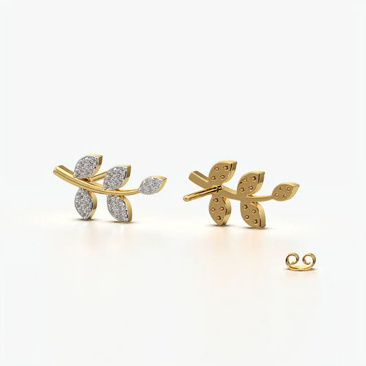 Pave Leaf Branch Climber Stud Earrings
