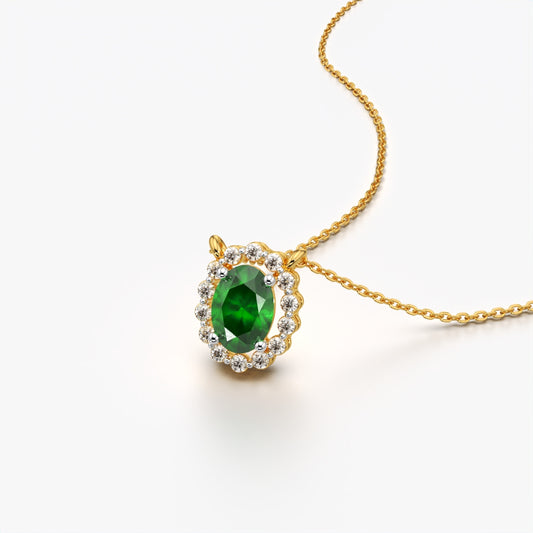 Oval Cut Emerald Halo Pendant Necklace