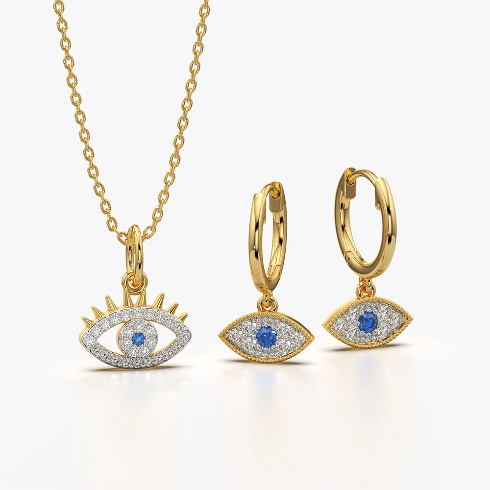 Blue Evil Eye Necklace and Huggie Earrings Set