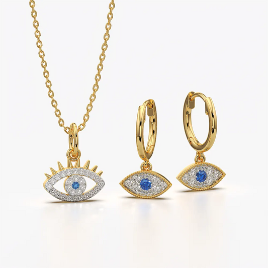 Blue Evil Eye Necklace and Huggie Earrings Set