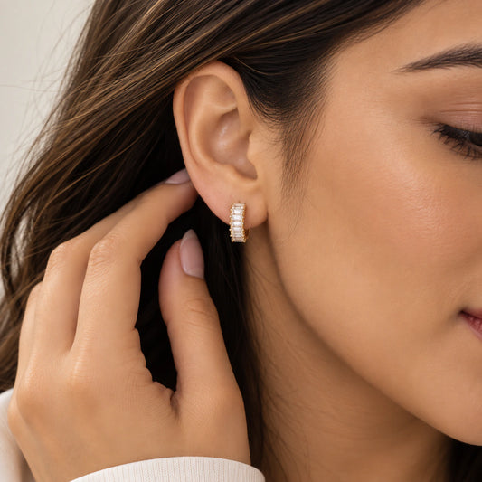 Baguette Row Huggie Hoop Earrings