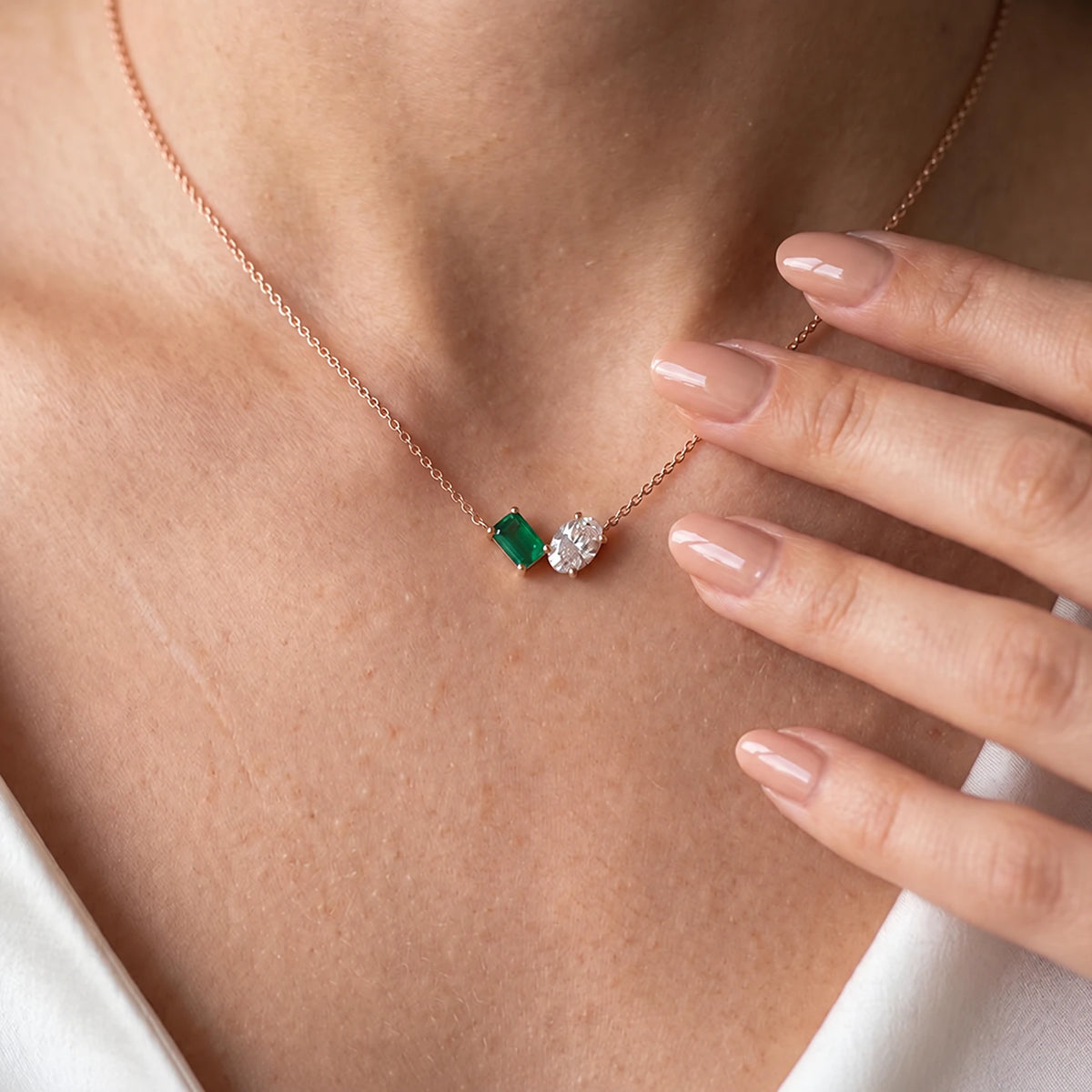 Toi et Moi Emerald Cut Oval Two Stone Necklace