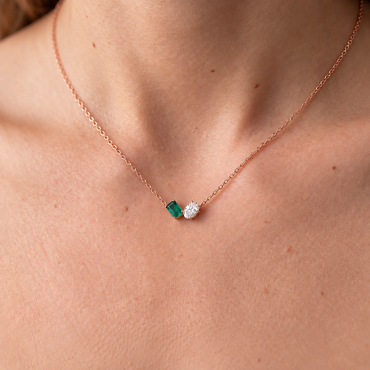 Toi et Moi Emerald Cut Oval Two Stone Necklace