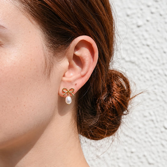 Wire Bow Pearl Drop Earrings