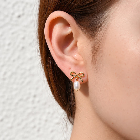 Wire Bow Pearl Drop Earrings