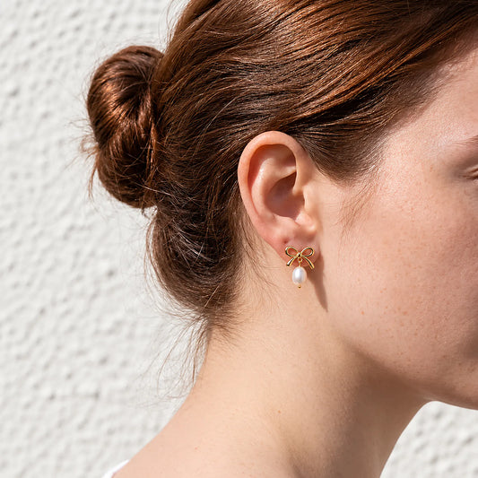 Wire Bow Pearl Drop Earrings