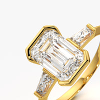 Emerald Cut Solitaire Bezel Three Stone Ring