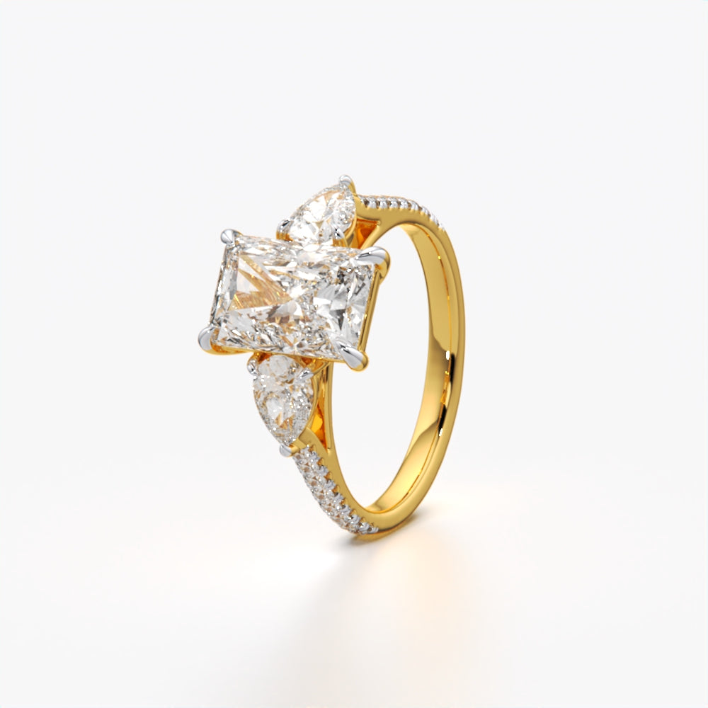 Radiant-cut three-stone ring with cubic zirconia and moissanite