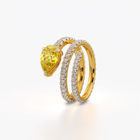 Yellow Pear Solitaire Spiral Wrap Ring with Pave Coil