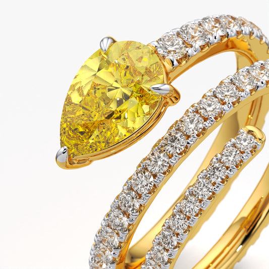 Yellow Pear-Cut Spiral Wrap Ring with Pave Coil