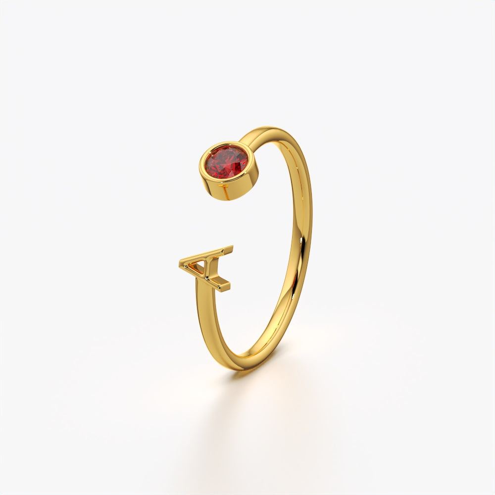 Personalised initial and birthstone open ring
