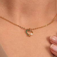 Hand Drawn Green Pave Heart Pearl Necklace