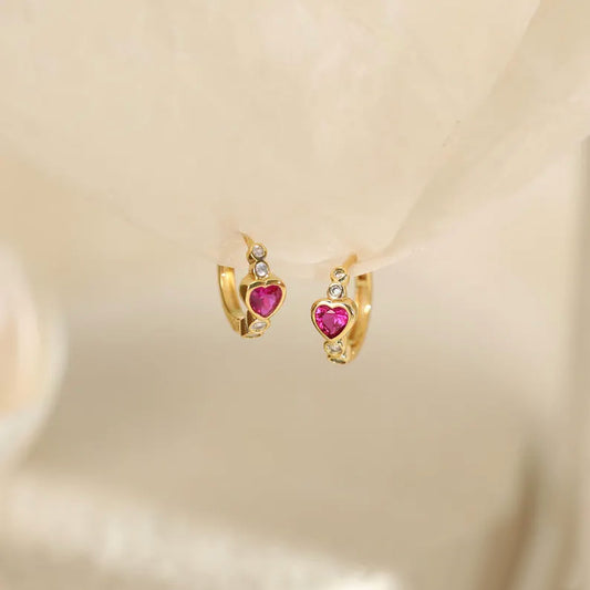Heart and Round Bezel Huggie Hoop Earrings