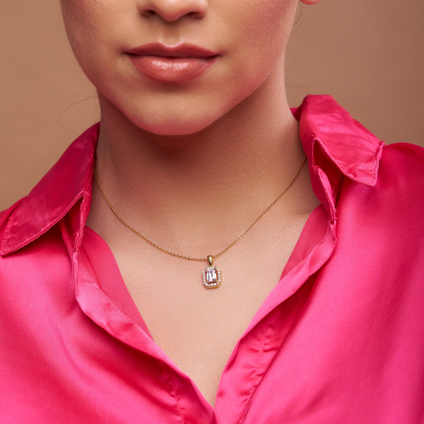 Emerald Cut Diamond Halo Pendant - KYMEE