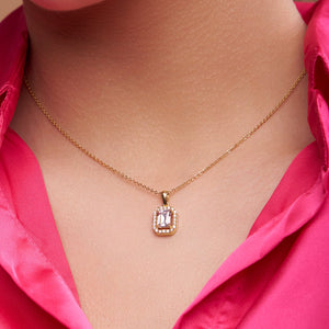 Emerald Cut Diamond Halo Pendant - KYMEE