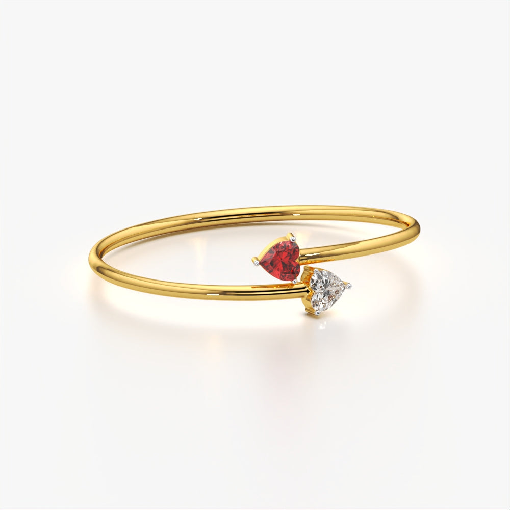 Toi et Moi heart open cuff bangle with red and white stones