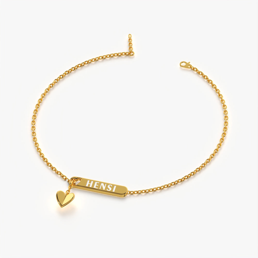 Personalised engraved name bar bracelet with a heart charm