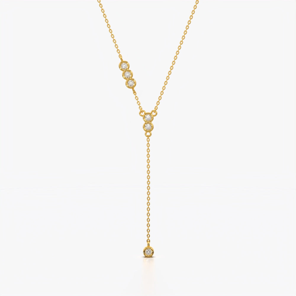 Asymmetric bezel Y-drop lariat necklace with a chest-grazing drop