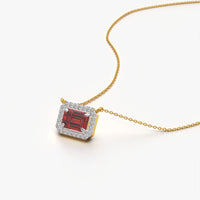 Ruby Red Emerald-Cut CZ Halo Pendant Necklace