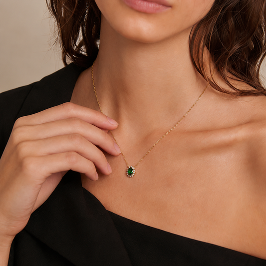 Oval Cut Emerald Halo Pendant Necklace