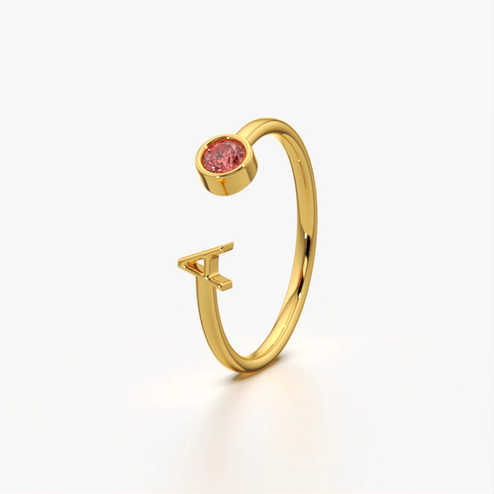 Initial 'A' & Red Stone Open Ring