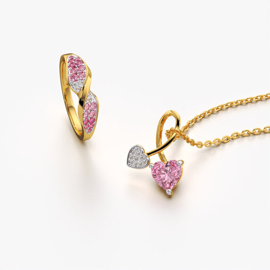 Pink Heart Charm Necklace & Ring Combo