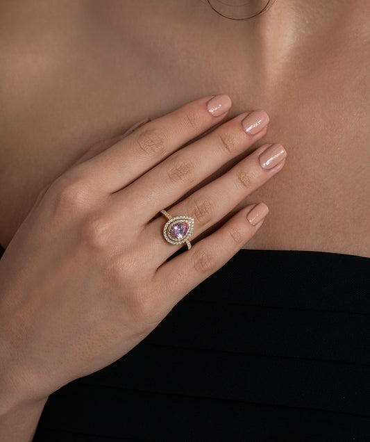 Statement Pink Pear Double Halo Ring