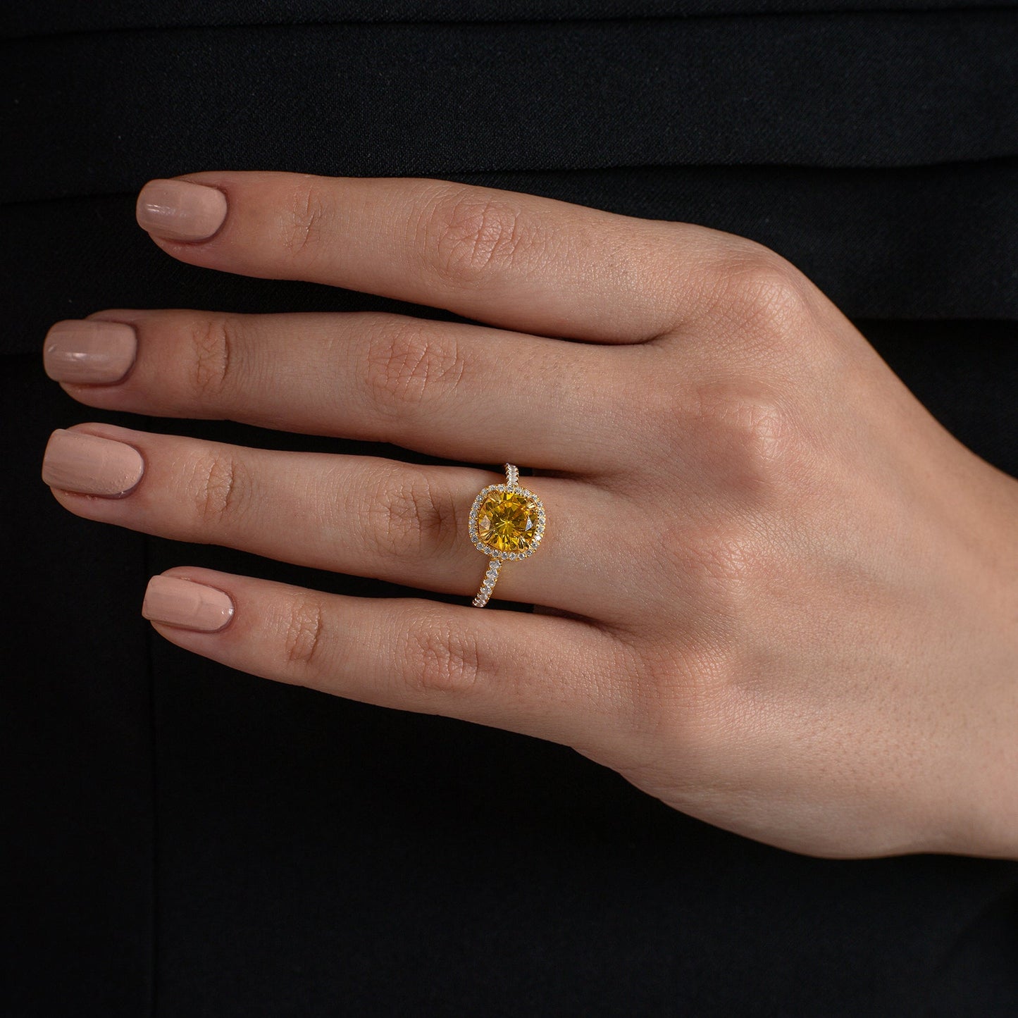 Yellow Cushion Halo Pave Ring