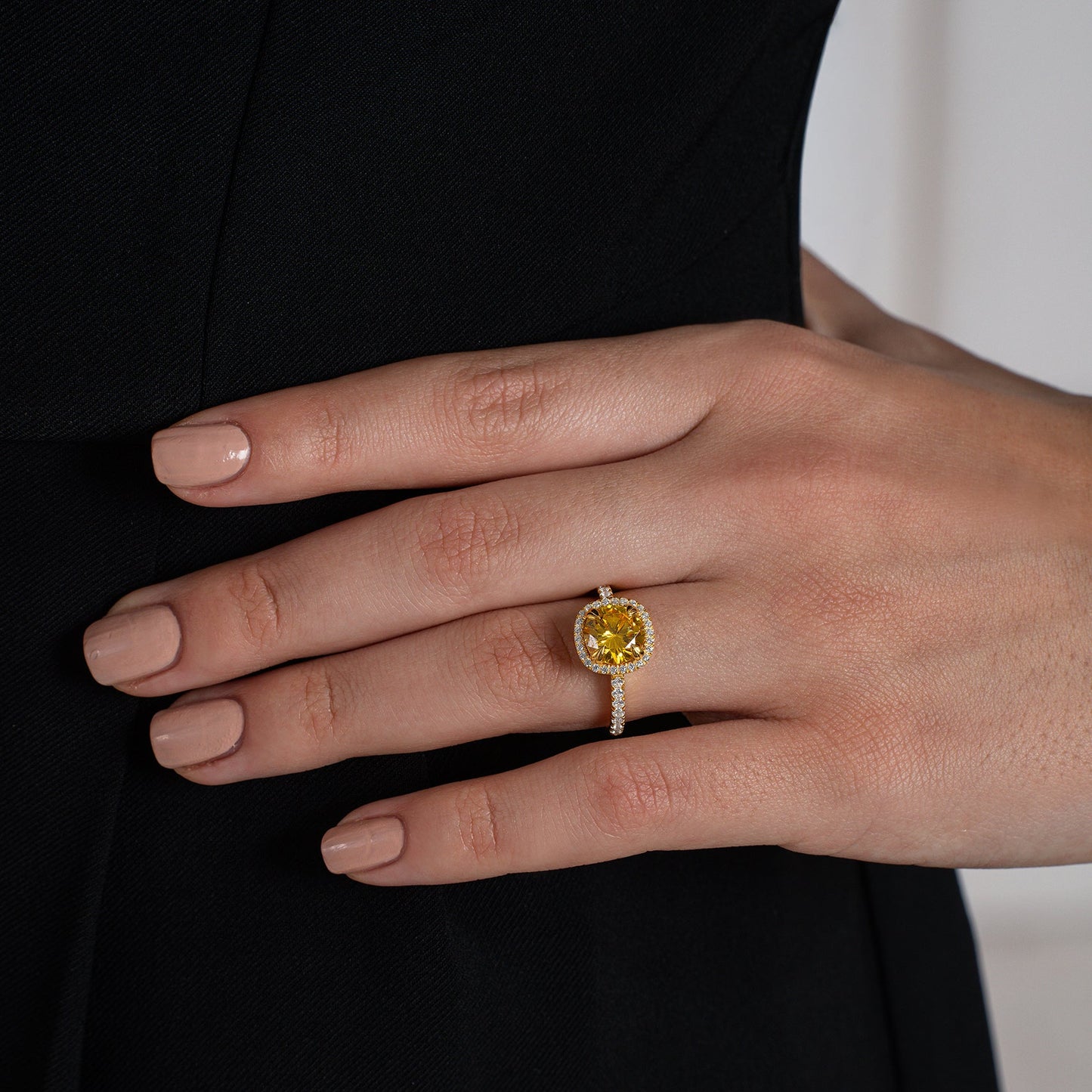 Yellow Cushion Halo Pave Ring