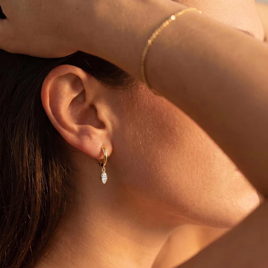 Marquise Bezel Drop Huggie Hoop Earrings