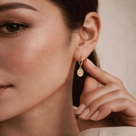 North Star Oval Medallion Huggie Drop Earrings