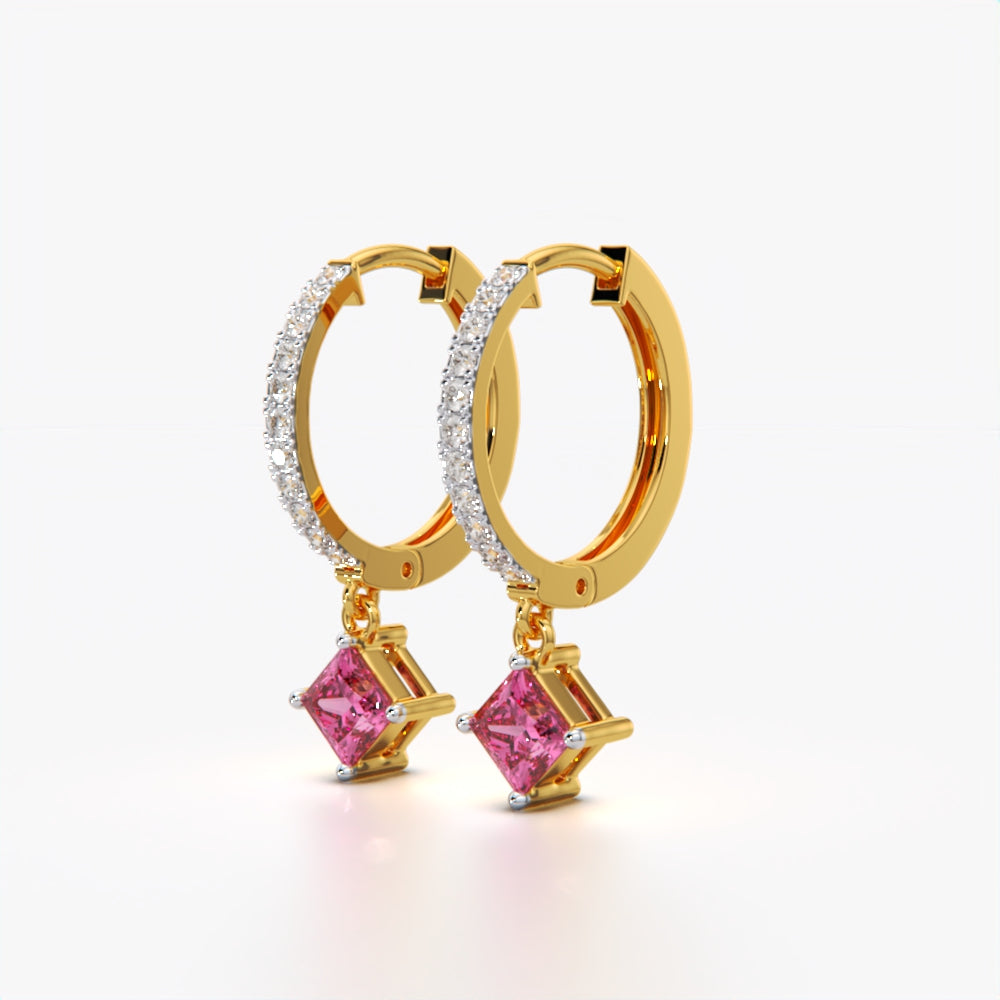 Pink princess cut drop huggie earrings