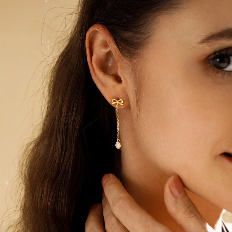Ribbon Bow Solitaire Drop Earrings
