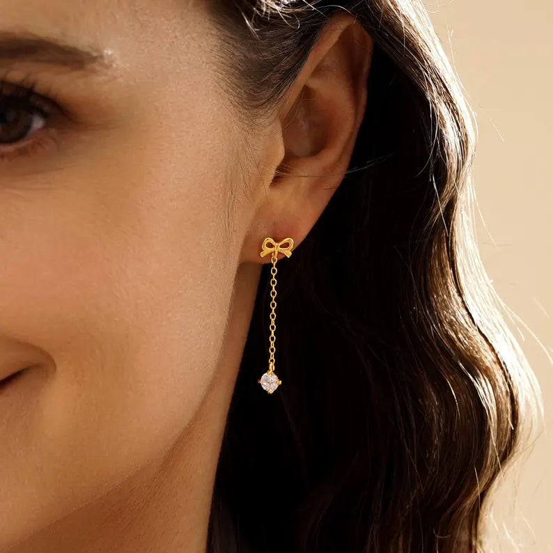 Ribbon Bow Solitaire Drop Earrings